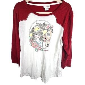 Ariat Womens Baseball Tee Size XL Western Cowgirl Horse Print Rodeo Country Farm